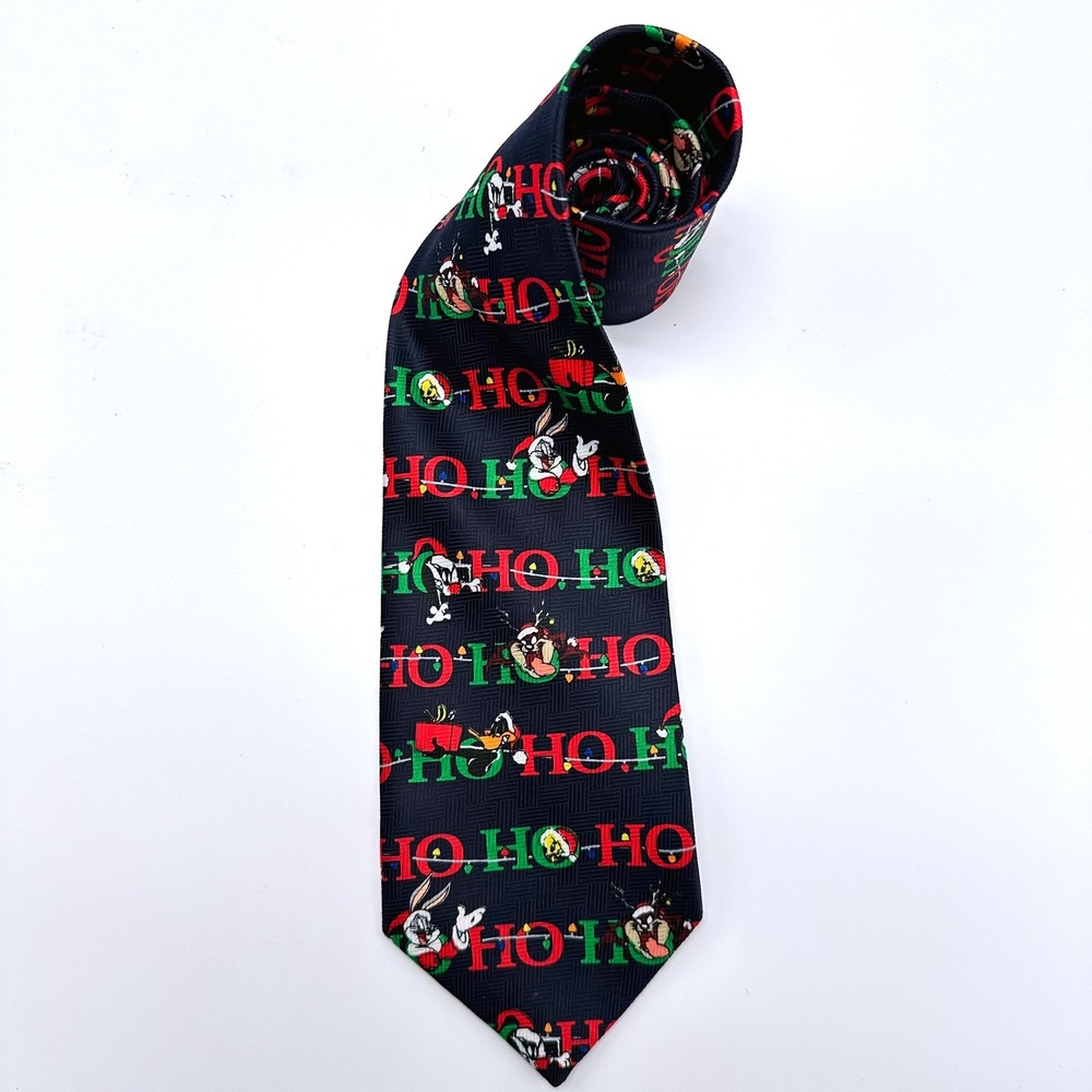 Vintage 1998 Looney Tunes Christmas Tie Bugs Bunny Daffy Duck HO HO HO Navy 4in